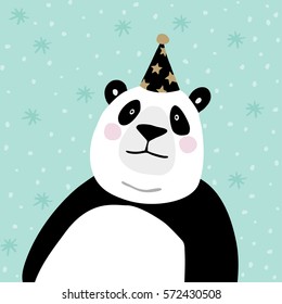 Cute giant panda bear with a party hat. Kids poster or birthday greeting card, vector illustration background.