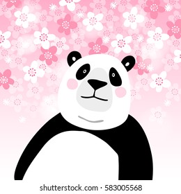 Oso panda gigante con fondo de flores de cerezo rosa. Póster infantil o tarjeta de felicitación de cumpleaños, ilustración vectorial.