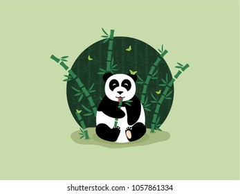 Cute giant panda eating bamboo. Flat vector illustration. Green background.