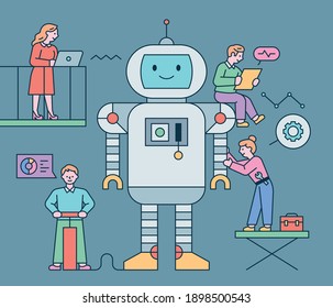 A cute giant robot is standing and scientists are doing research around it. flat design style minimal vector illustration.