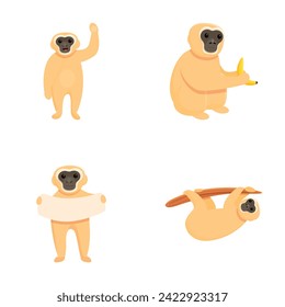 Cute gibbon icons set cartoon vector. Gibbon primate, mammal. Monkey, wildlife