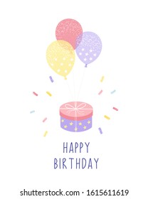 Cute gift with balloons, surprise. Happy Birthday. Greeting Card Design. Vector isolated illustration on a white background.