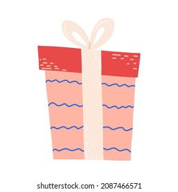 Cute gift box with bow in hand drawn cartoon style, flat vector illustration isolated on white background. Valentines day present.