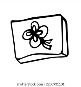 Caja de regalo con un arco. Ilustración de vector blanco y negro dibujada a mano. Diseño, diseño, plantilla, logotipo, icono, esbozo, clipart, doodle.