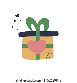 Cajera de regalo con arco y corazón. Sorpresa, presente con amor, celebración, feliz cumpleaños. Concepto dibujado a mano. Ilustración plana.