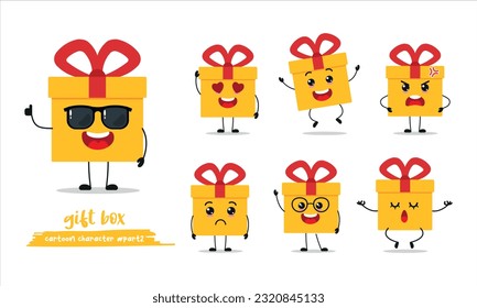 cute gift box cartoon with many expressions. different activity pose vector illustration flat design set with sunglasses.
