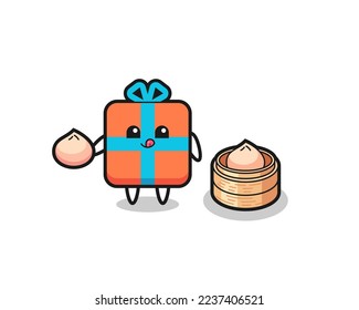 cute gift box character eating steamed buns , cute style design for t shirt, sticker, logo element