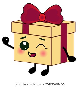 Cute gift box character isolated on transparent background. winking face present emoji cartoon PNG vector illustration, funny face and funky eyes.