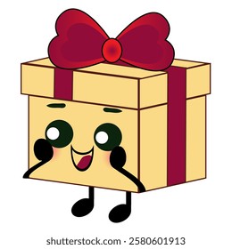 Cute gift box character isolated on transparent background. surprised present emoji cartoon PNG vector illustration, funny face and funky eyes.