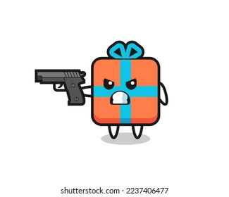 la tira de personaje de la caja de regalo tira con un arma, diseño de estilo lindo para camiseta, pegatina, elemento logo