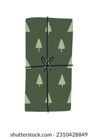 Caja de regalo con papel envolvente de árboles de Navidad, ilustración de vector plana dibujada a mano aislada en fondo blanco. Vacaciones de invierno presentes con arco.
