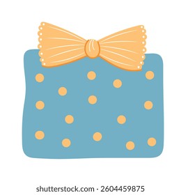 Cute gift box clipart with whimsical bow and pattern. Cozy greeting illustration. Vector stickers in flat style