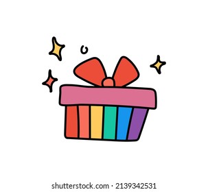 Cute Gift Box In Colors Of LGBT Or LGBTQ Rainbow In Hand Drawn Modern Doodle Or Scribble Line Style. Equality And Love Concept Sticker.