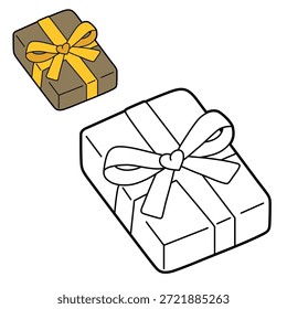 Linda caja de regalo para colorear para los niños. Simple contorno en blanco y negro con regalo, además de una referencia de color. Hoja de trabajo educativa, actividad para colorear para niños, Ilustración vectorial imprimible.
