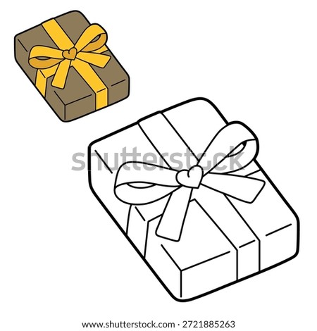Cute gift box colouring page for children. Simple black and white outline with gift, plus a coloured reference . Educational worksheet, kids colouring activity, printable vector illustration.