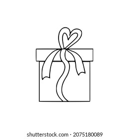 Cute gift box in doodle style with ribbons on white background for any kind of design. Vector illustration.