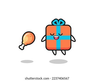 cute gift box floating and tempted because of fried chicken , cute style design for t shirt, sticker, logo element