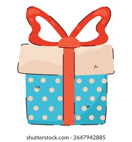 Cute Gift Box Icon in Hand Drawn Style Isolated on White Background. Present box with ribbon and polka dots, for Christmas, birthday, party, celebration