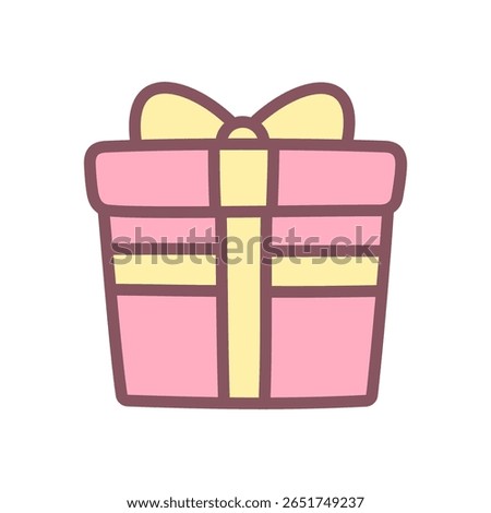 Cute gift box icon. Cute pink present box with yellow ribbon and bow. Kawaii sticker. Vector 10 EPS.