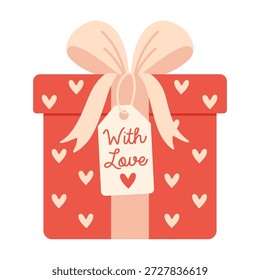 Linda ilustración de caja de regalo con texto escrito a mano "con amor". Para San Valentín, diseño festivo, boda gráfica, tarjeta de amor, embalaje de regalo, marca. Fondo blanco aislado. Dibujado a mano. Vector plano.