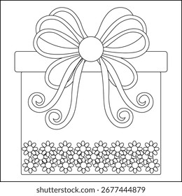 Linda caja de regalo con un Grande lazo de cinta y flores para colorear