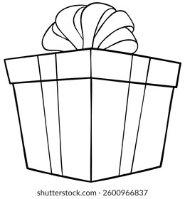 cute gift box and lid with pom pom bow line outline doodle. Human-made. Not generated by AI.