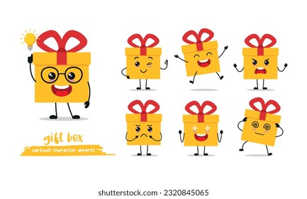 cute gift box with many expressions. different activity pose vector illustration flat design set.