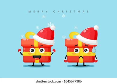 A cute gift box mascot wearing a Christmas costume with a happy and sad expression