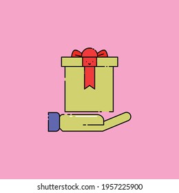 Cute gift box on hand Illustration. modern simple vector icon, flat graphic symbol in trendy flat design style. wallpaper. lockscreen. pattern. frame. children.