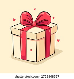 Cute gift box with red ribbon and hearts. Romantic vector illustration for Valentine’s Day, love messages, greeting cards and festive design.