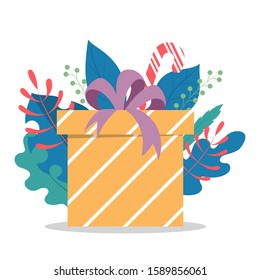 Cute gift box with ribbon and bow. Wrapped with colorfull gift papper. Birthday or christmas presents. Isolated flat illustration