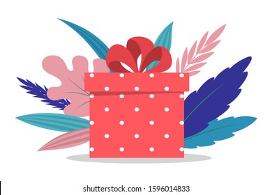 Cute gift box with ribbon and bow. Wrapped with colorfull gift papper. Birthday or christmas presents. Isolated flat illustration