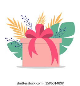 Cute gift box with ribbon and bow. Wrapped with colorfull gift papper. Birthday or christmas presents. Isolated flat illustration