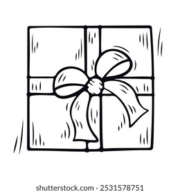 Cute gift box with ribbon bow. Gift box for birthday, New Year, Christmas, wedding celebration. Vector illustration in doodle style