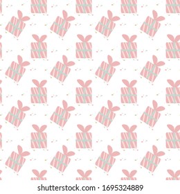 Cute gift box seamless pattern. Childish print for textile, wrapping paper. Festive vector flat illustration isolated on white background.