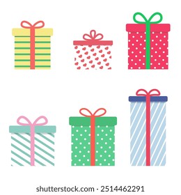 Cute gift box set minimal style. Set of gift boxes with ribbon for Christmas, new year or any occasion. Gift boxes collection vector isolated on white background.
