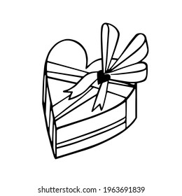 Cute gift box in the shape of a heart, tied with a ribbon bow. Hand-drawn vector illustration in doodle style, isolated. A declaration of love. For highlights, stickers, postcards, Valentine's Day.
