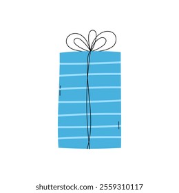 Cute gift box tied with rope. Isolated vector illustration. Wrapped gift for birthday, Christmas,  New Year or other holiday, celebration, event. Flat rectangular striped present box.