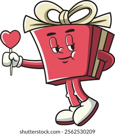 Cute Gift Box Valentine's Day Character in Retro Cartoon Vector Illustration