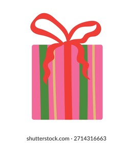 Cute gift box vector illustration. Pink present with stripes and ribbon bow isolated on white background. Festive design for Christmas, birthday celebration, kids party in flat hand drawn style