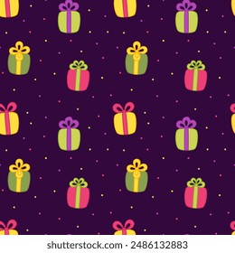 Cute gift boxes on seamless pattern. Colorful gifts. Cartoon, vector. Isolated vector illustration eps 10