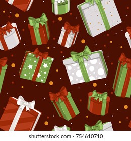 Cute gift boxes, presents for Christmas holidays. Seamless pattern.