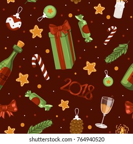 Cute gift boxes, presents for Christmas holidays, christmas socks, champagne celebration, candle, star, snow globe, bow, bell, candy cane. Vector illustration seamless pattern 2018