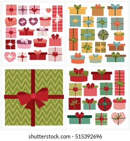 Cute gift boxes, presents for Valentine's day, Christmas and others holidays. Vector set