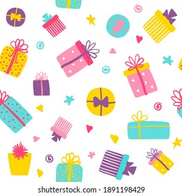 Cute gift boxes seamless pattern. Vector colorful festive background with present boxes and confetti. For wrapping paper, wallpapers, fabric print