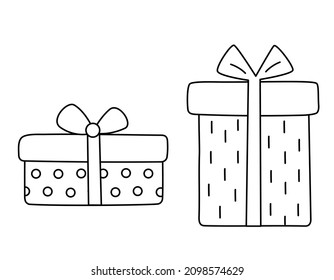 Cute gift boxes. Simple outline drawing. Hand drawn gift box in doodle сartoon style. Black lines isolated on a white background. Holiday linear illustration for Christmas, new year, birthday. Vector.