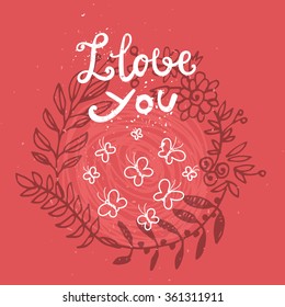 Cute gift card. Creative card with hand drawn symbols of love. I love you.