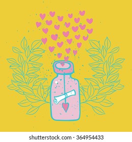 Cute gift card. Creative card with hand drawn symbols of love. I love you.
