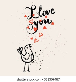 Cute gift card. Hand drawn cute creative cards with hand drawn bird singing i love you. 