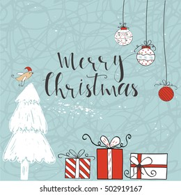 Cute gift card and hand drawn Christmas lettering. Can be used as poster with quote, T-shirt design or home decor element. Vector typography. Easy editable template.